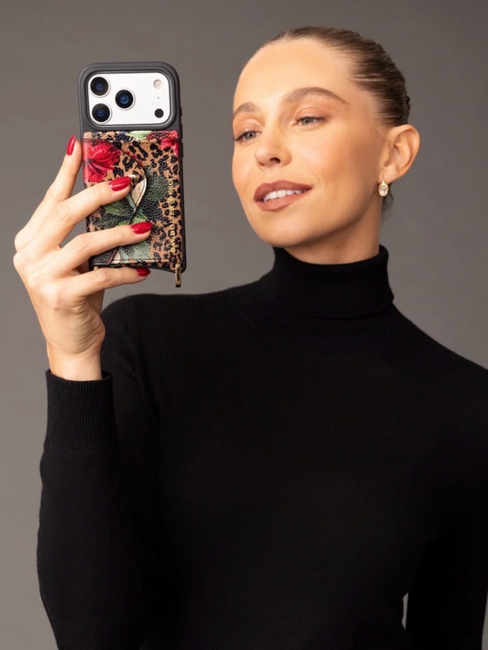 Bandolier iPhone 16 ProMax Crossbody Case in Cici Dark Floral Cheetah